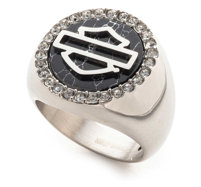 Harley-Davidson® Women's Bar & Shield Black Crystal Signet Ring- 34R00380