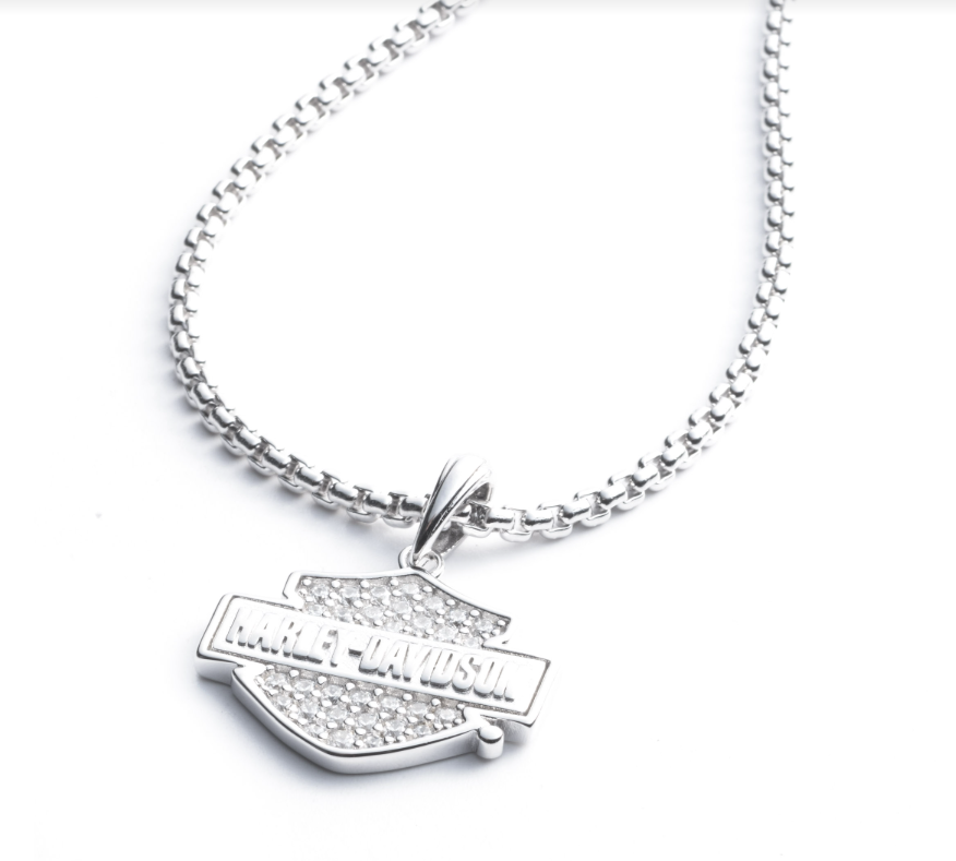 Harley-Davidson® Women's Sterling Silver & Cubic Zirconia Bar & Shield Pendant Necklace- 34N00190